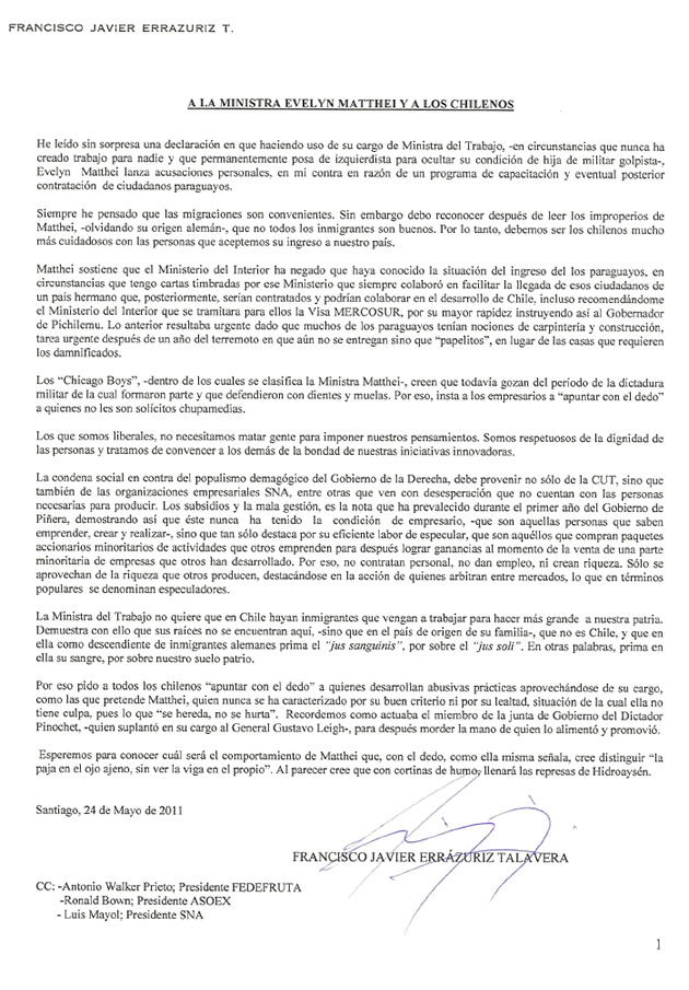 Carta de Francisco Javier Errázuriz