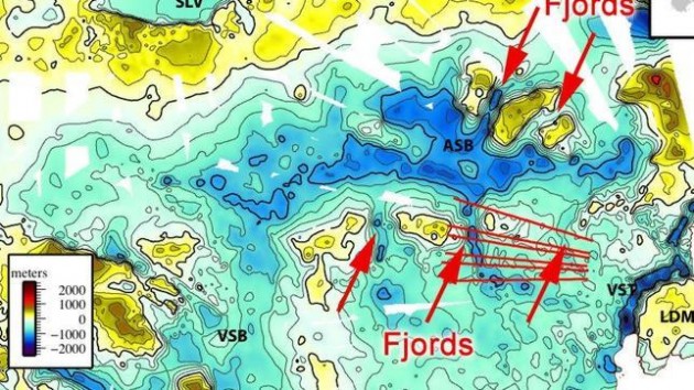 Mapa de los fiordos subglaciales | Universidad de Texas