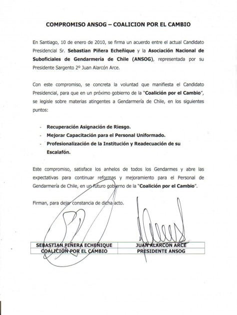 Compromiso adquirido entre Suboficiales de Gendarmería y el Presidente Piñera