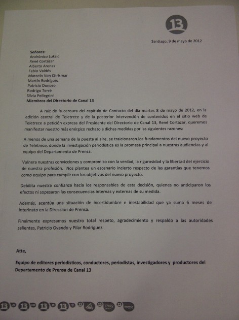 Carta prensa Canal 13