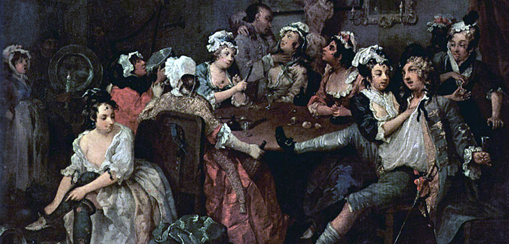 Detalle de pintura de Hogarth mostrando a Tom en un burdel de Londres.
