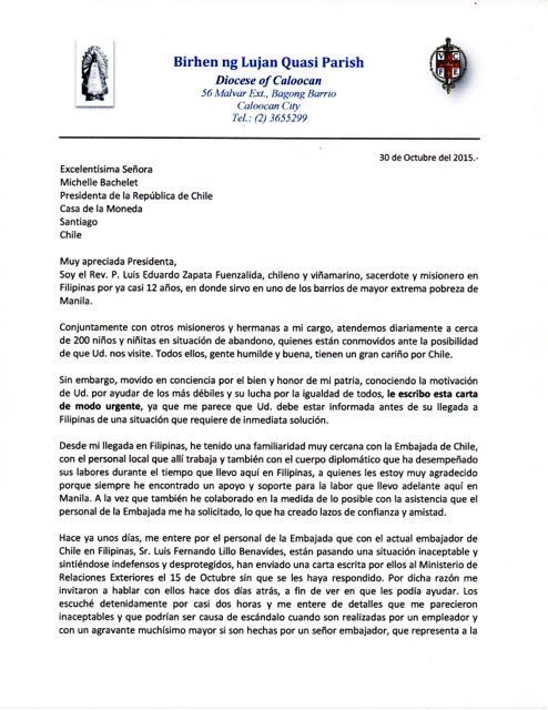 Carta misionero chileno a Bachelet