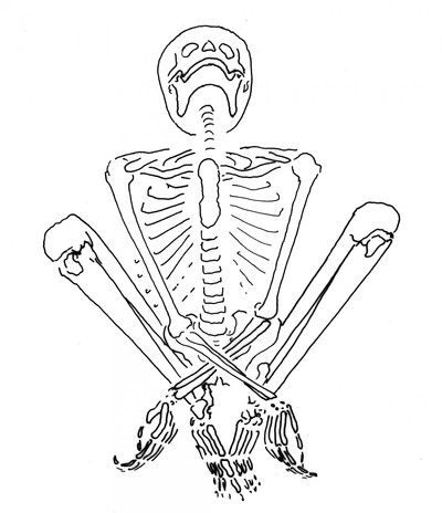 Ilustración de Marta Mirazón Lahr | Muestra cómo se encontró el esqueleto de la mujer embarazada. Estaba sentada y por la posición de sus extremidades se deduce que fue atada de pies y manos.