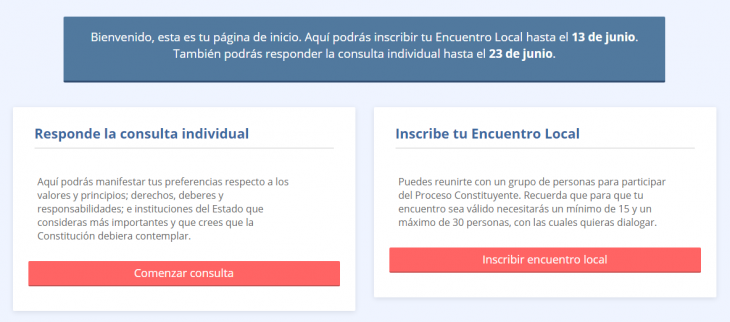 Al registrarte con tus datos, te aparecerán estas opciones | www.unaconstitucionparachile.cl