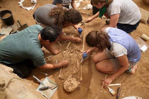 A team of foreign archaeologists extract skeletons at the excavation site of the first Philistine cemetery ever found on June 28, 2016 in the Mediterranean coastal Israeli city of Ashkelon. With an excavation in southern Israel unearthing a Philistine cemetery for the first time, bones of the biblical giant Goliath