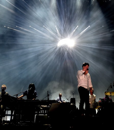 INDIO, CA - APRIL 22: (L-R) Musicians Al Doyle, Nancy Whang, Tim Goldsworthy, James Murphy and Pat Mahoney of LCD Soundsystem perform onstage during day 1 of the 2016 Coachella Valley Music & Arts Festival Weekend 2 at the Empire Polo Club on April 22, 2016 in Indio, California. Kevin Winter/Getty Images for Coachella/AFP