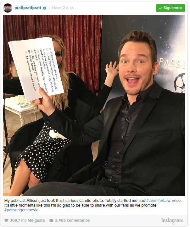 Chris Pratt "trollea" épicamente a Jennifer Lawrence en Instagram y saca risas a fans
