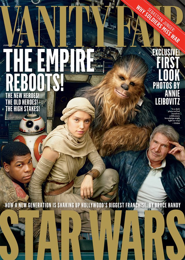 John Boyega interpretando a Finn, BB-8, Daisy Ridley a Rey, Chewbacca, y Harrison Ford a Han Solo, todos juntos en la Millennium Falcon en la portada de junio,  2015  - Annie Leibovitz | Vanity Fair