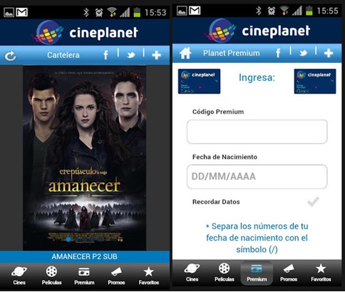Aplicación para celulares de Cineplanet