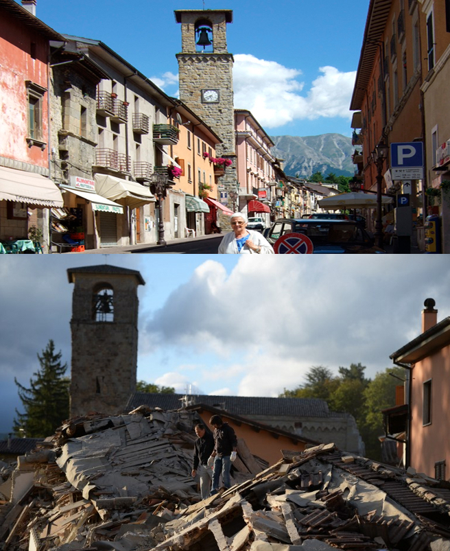 Principal calle de Amatrice: antes y después del terremoto.