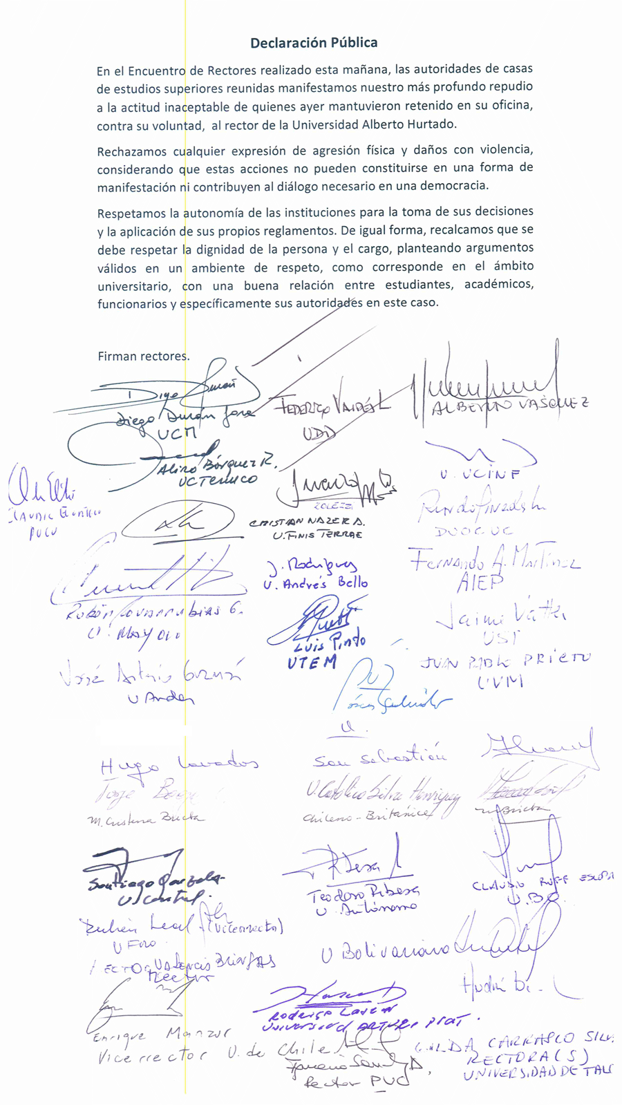 Declaración de rectores repudiando retención del rector de la UAH