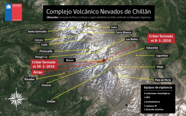Inforgrafía que señala puntos de observación existentes en torno a los necados de Chillán