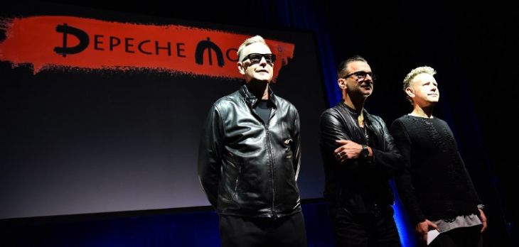 Members of rock band Depeche Mode (from left) Andrew Fletcher, Dave Gahan and Martin Gore pose before a press conference to promote their new album "Spirit" on October 11, 2016 in Milan.