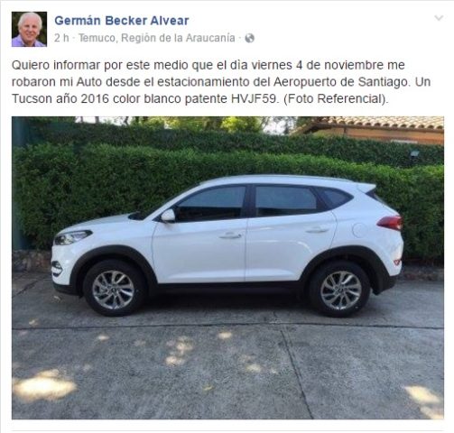 Diputado Germán Becker avisa por Facebook el robo de su automóvil