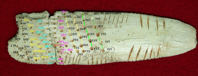 Verso del Calendario lunisolar de L’Abri Lartet, período Auriñaciense, 33.000 a.C., Dordoña. Francia.