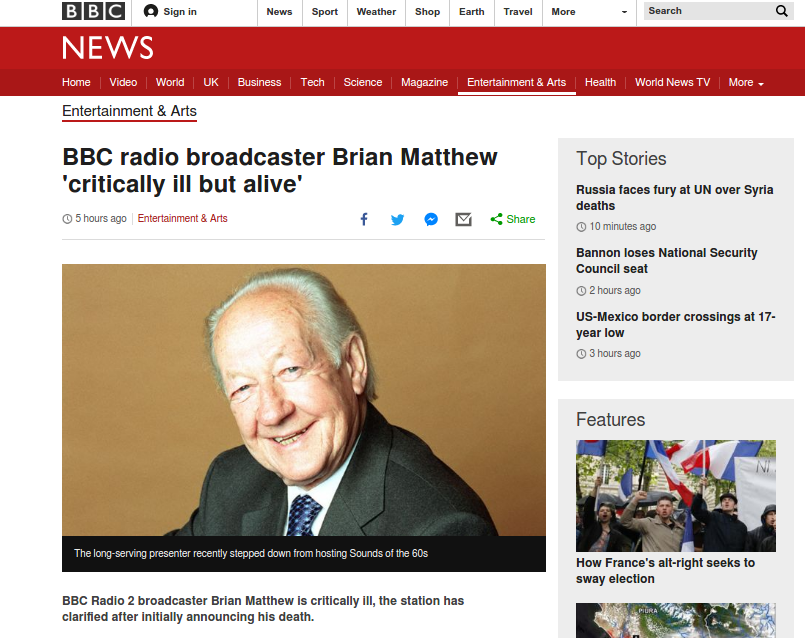 BBC anunció erróneamente que su propio conductor de radio estaba muerto