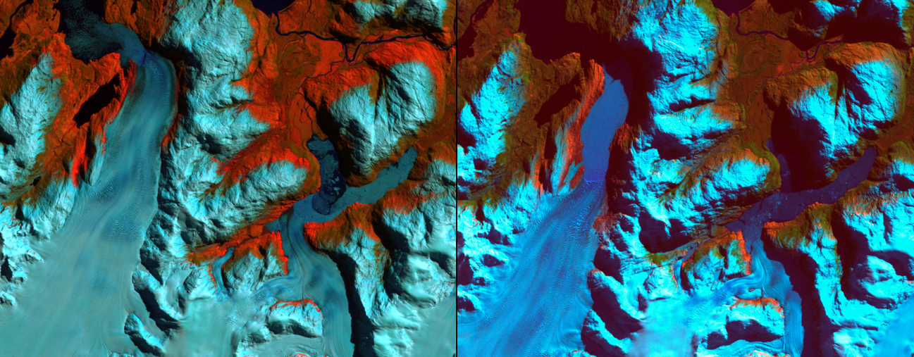 Glaciar en la Patagonia chilena, entre 1986 y 2002