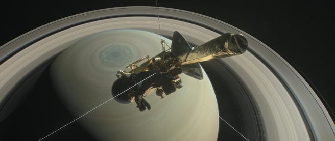 Imagen virtual de la nave Cassini sobrevolando Saturno (Nasa/JPL-Caltech)