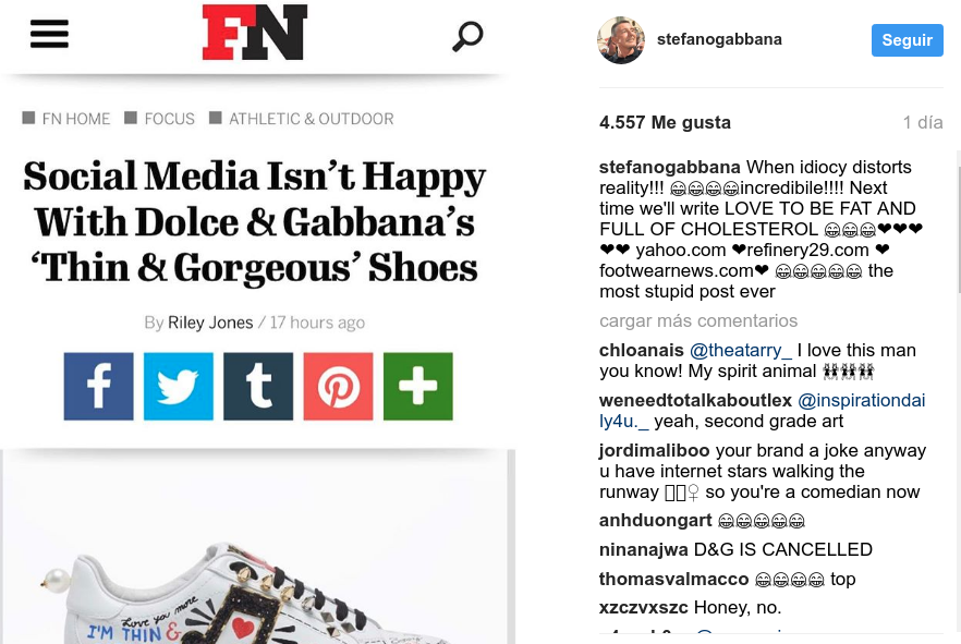 Respuesta críticas por zapatillas |@stefanogabbana en Instagram