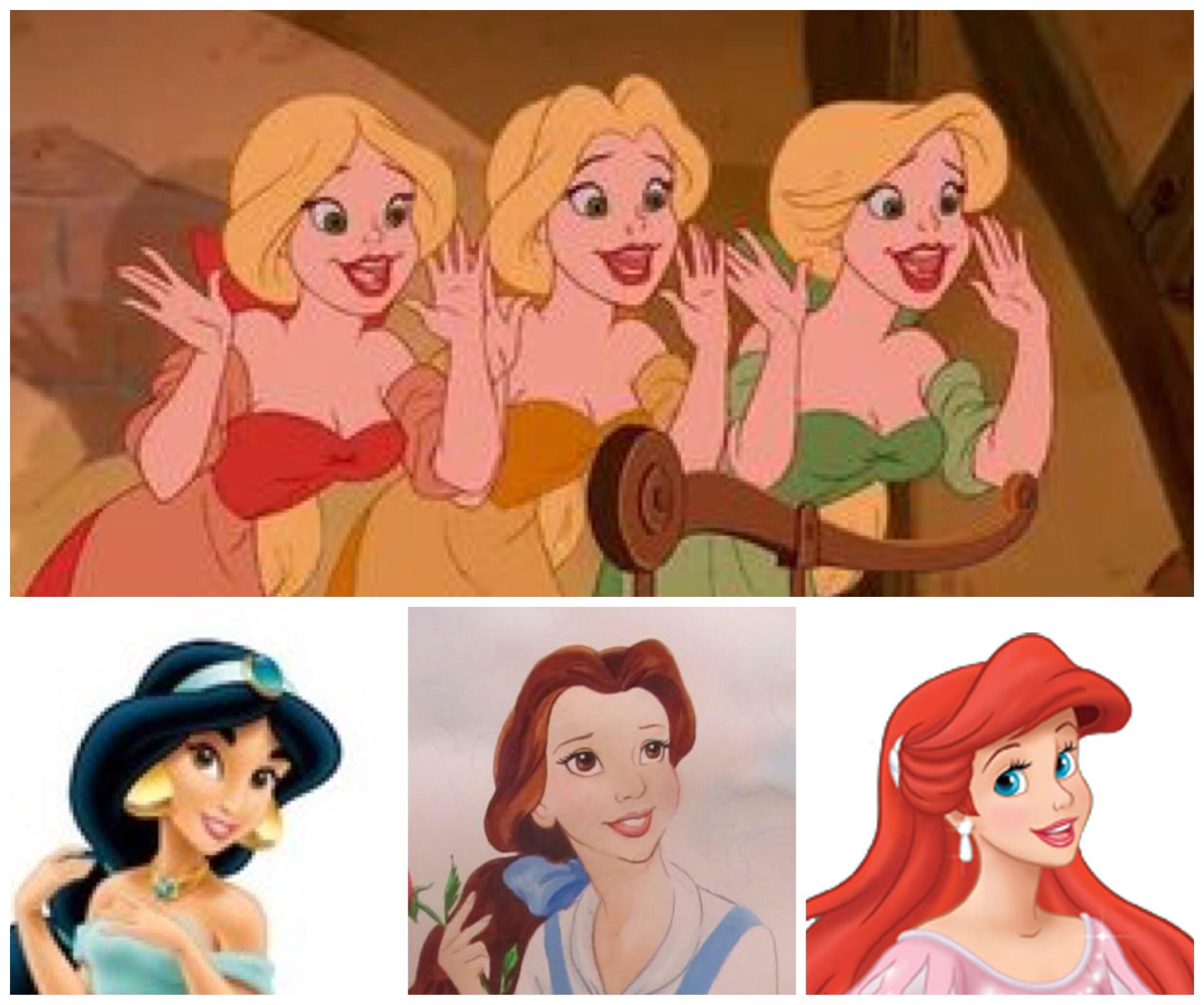 Arriba están las tres chicas de "La bella y la bestia" y abajo las princesas Disney que representarían