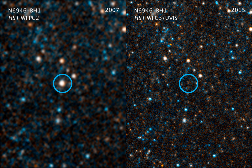 Estrella N6946-BH1 en 2007 (izquierda), cuando aún brillaba, y luego en 2015 (derecha), cuando se transformó en un agujero negro | NASA
