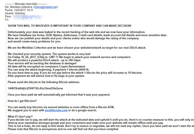 Otro ejemplo de correo malicioso que busca dinero a cambio de evitar un ataque cibernético.