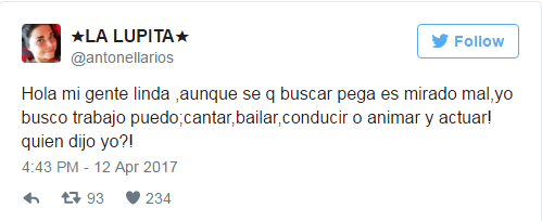 Tuit de Antonella Ríos en abril de 2017
