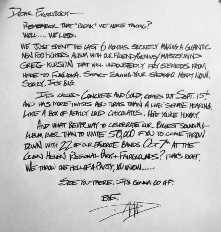 Carta manuscrita de Dave Grohl anunciando el retorno de Foo Fighters - Foo Fighters