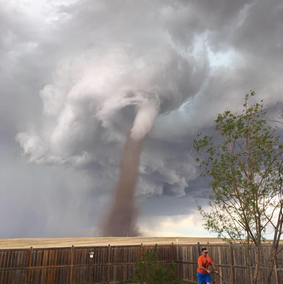 Hombre sigue cortando el pasto pese a que hay un tornado a su espalda | Cecilia Wessels | Facebook