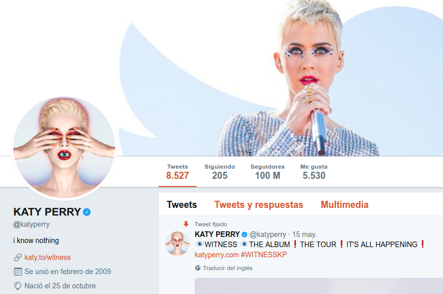 Cuenta de @katyperry en Twitter muestra los 100 millones de seguidores alcanzados por la cantante
