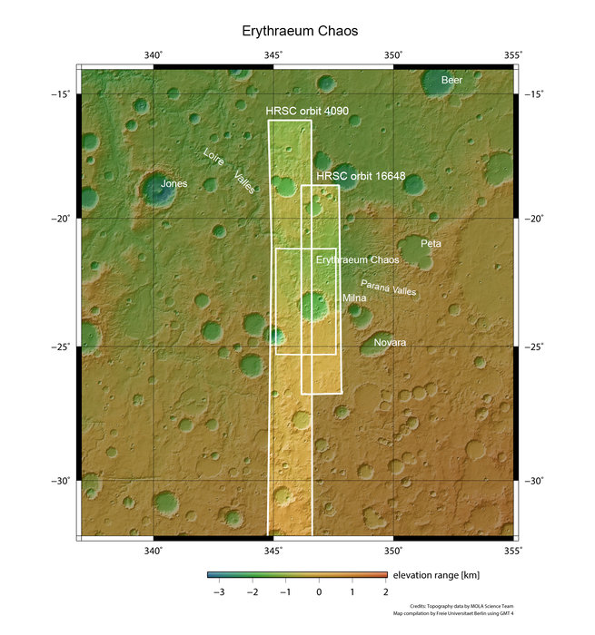 Erythraeum Chaos y valles de los alrededores en Marte