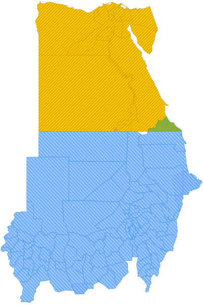 Arriba está Egipto, en amarillo y verde. Abajo está Sudán, en azul. Al centro, el espacio en blanco, es Bir Tawil