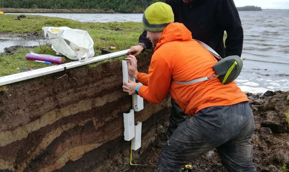 Observación de diferentes estratos sedimentarios bajo la superficie de una zona de marismas, en la costa de Chiloé