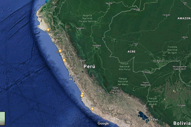 Los marcadores amarillos en el mapa corresponden a los principales lugares en los que se practica la pesca con bombas en Perú.