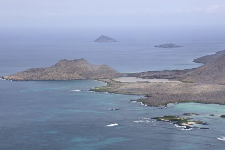 Vista aérea de Punta Cormorant, en la isla Floreana, hábitat histórico de la Pseudalsophis biserialis biserialis. Foto cortesía de la Dirección del Parque Nacional Galápagos