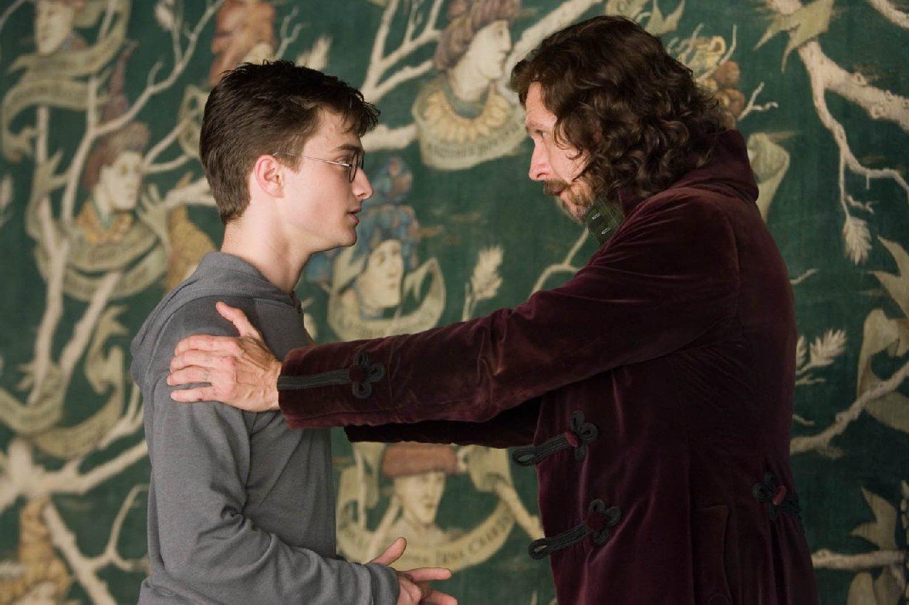 Harry Potter (izquierda) y Sirius Black (derecha) delante del árbol genealógico de la Casa de los Black