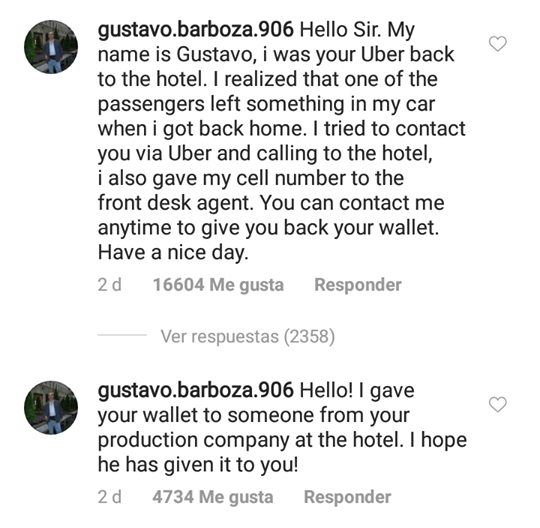 Comentarios de chofer de Uber a Donghae en Instagram