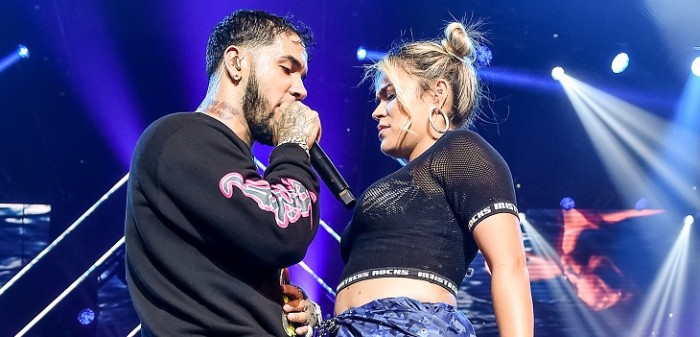 NEW YORK, NY – NOVEMBER 17: Anuel AA & Karol G perform live on stage during Anuel AA & Karol G In Concert at United Palace Theater on November 17, 2018 in New York City.   Steven Ferdman/Getty Images/AFP