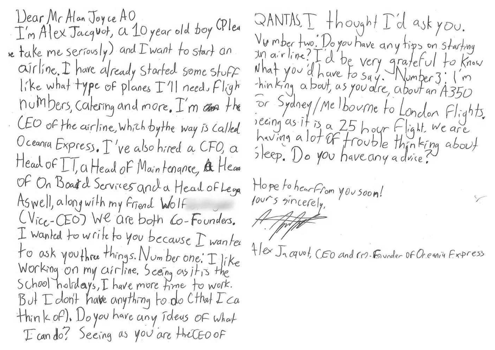 Niño de 10 años le escribe a aerolínea Qantas