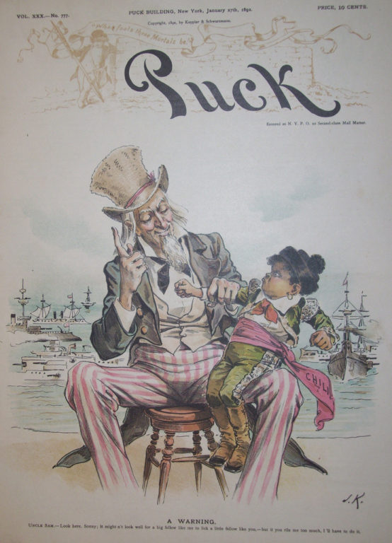 Caricatura en donde el tío Sam amedrenta con castigar a un pequeño Chile, publicada en la revista Puck en enero de 1892