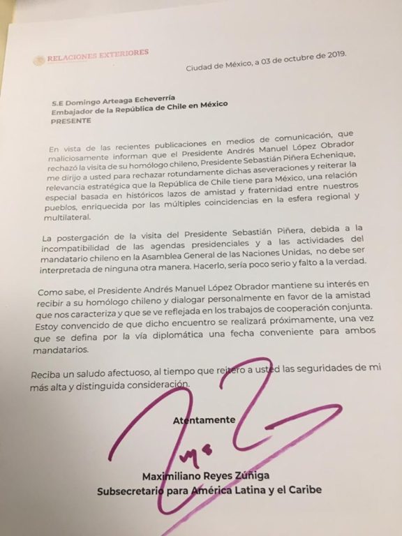 Carta del subsecretario Reyes al embajador Arteaga