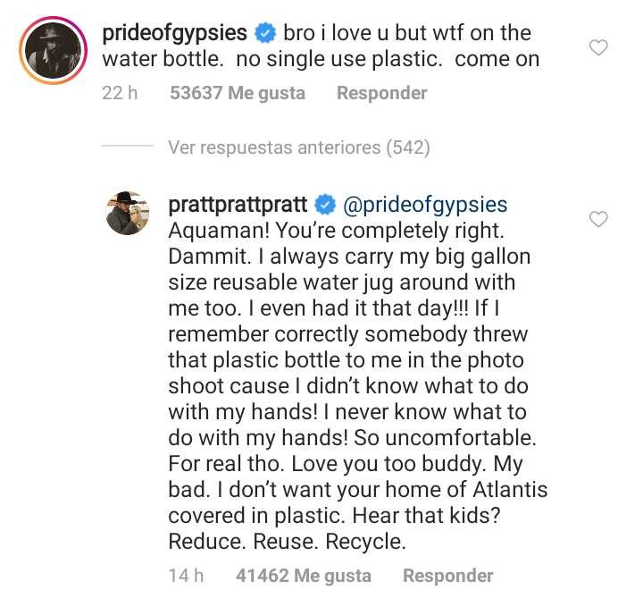 Comentario de Jason Momoa y respuesta de Chris Pratt en Instagram