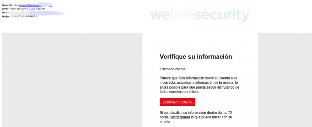 Correo de phishing que llega a las potenciales víctimas