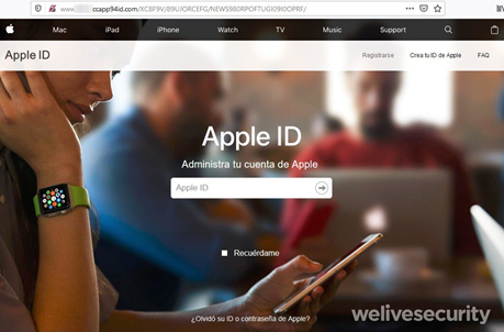 Sitio apócrifo que simula ser la página oficial para acceder a la cuenta de Apple ID