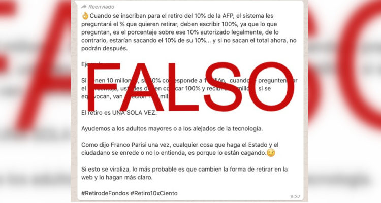 Captura de mensaje falso que circula por redes sociales y mensajerías.
