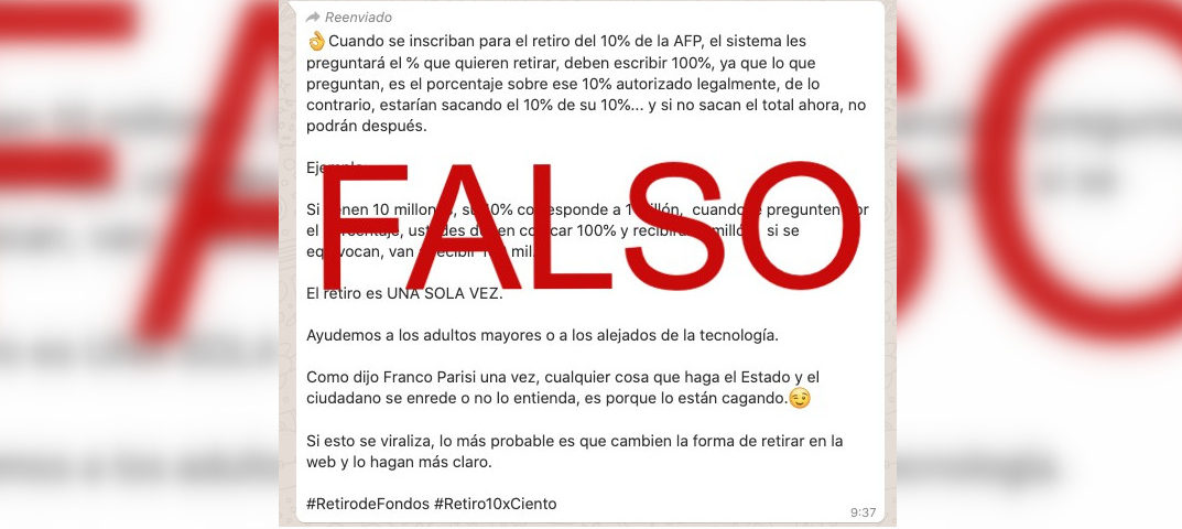 Captura de mensaje falso que circula por redes sociales y mensajerías.