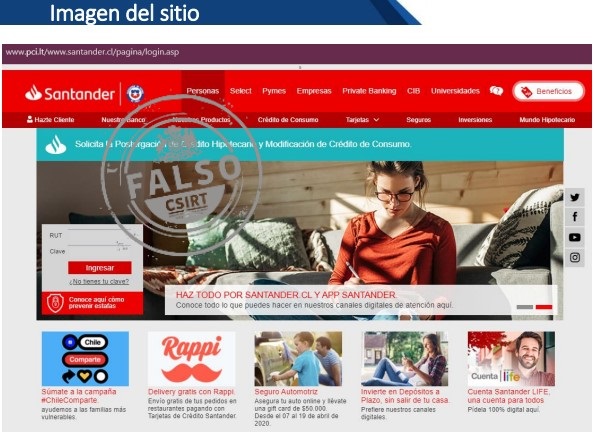 Captura de sitio fraudulento Santander