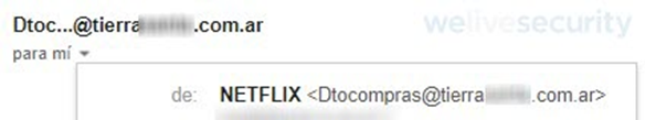 La dirección de correo del remitente no tiene relación con el dominio oficial de Netflix