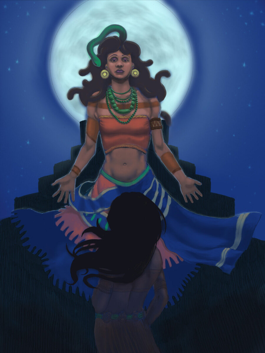 La diosa Maya de la luna hermosa, poderosa y brutalmente