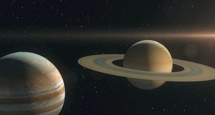 Esquema de la conjunción de Júpiter y Saturno con sus lunas | Federación de Asociaciones Astronómicas de España